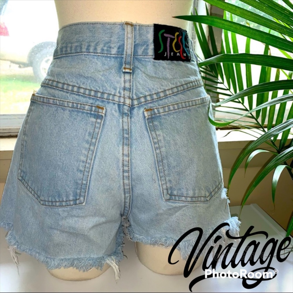 Vintage Lightwash Frayed Denim Asymmetrical Shorts Cool Colorful Logo!